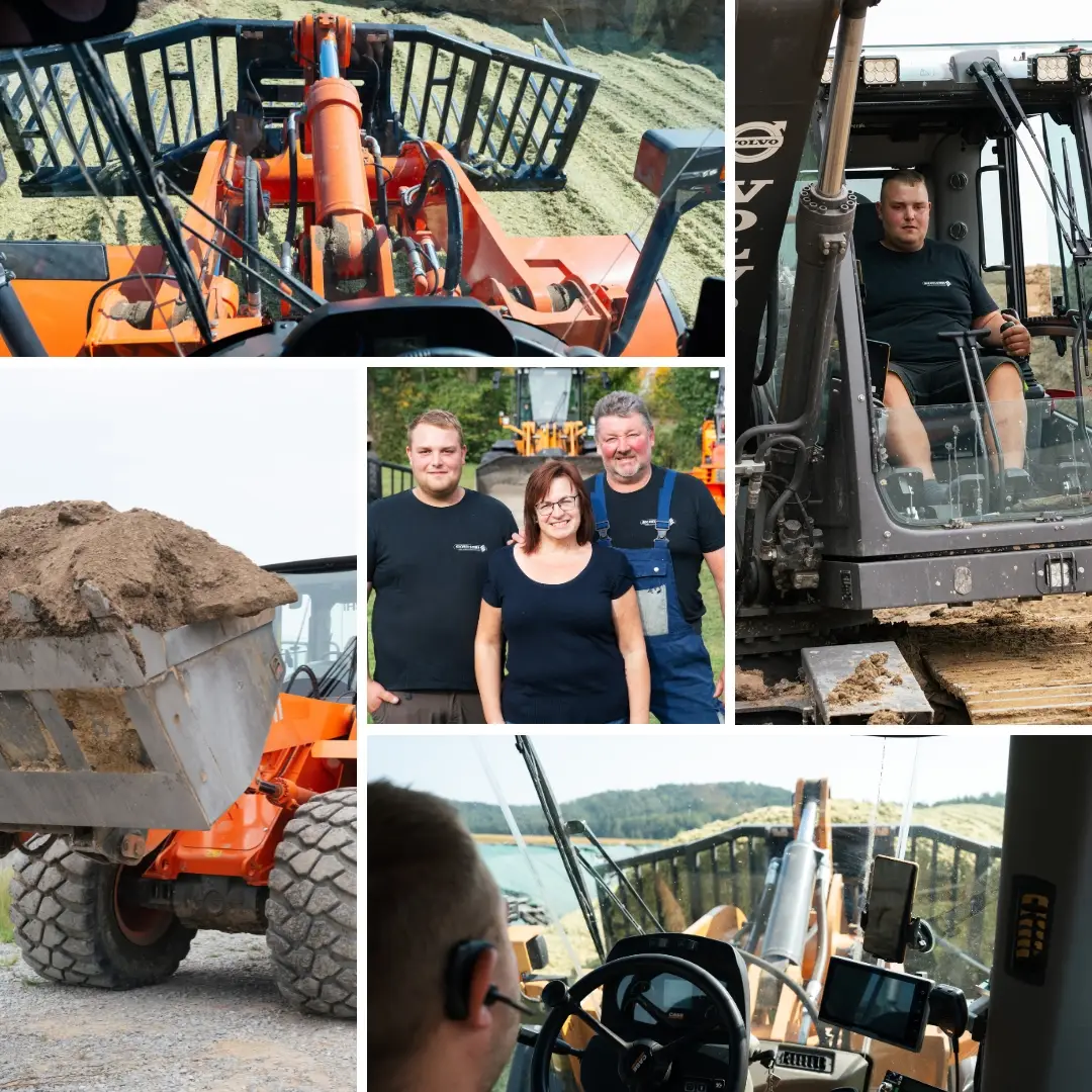 Collage von Bagger- und Forstarbeiten eines familiengeführten Unternehmens in der Region Neustadt an der Aisch. Enthält Bilder von Maschinen im Einsatz und ein Teamfoto der Familie, die die Arbeiten ausführt.