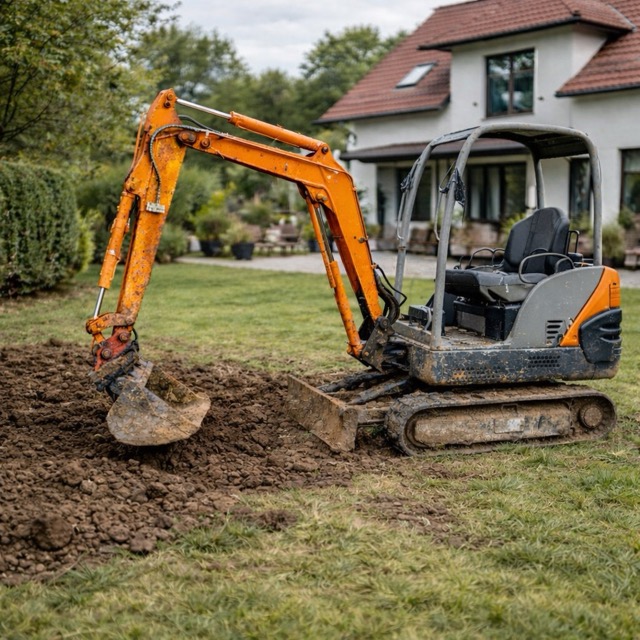 Minibagger bei Erdarbeiten im Garten eines Einfamilienhauses – professionelle Baggerarbeiten für private Grundstücke in Neustadt an der Aisch - Bad Windsheim.